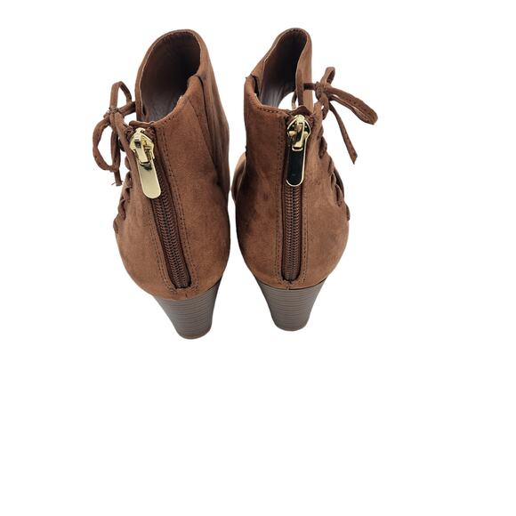 Torrid Brown Open Toe Lace Up Bow Mini Wedge Back Zipper Sandals Size 9 Wide - Picture 4 of 7